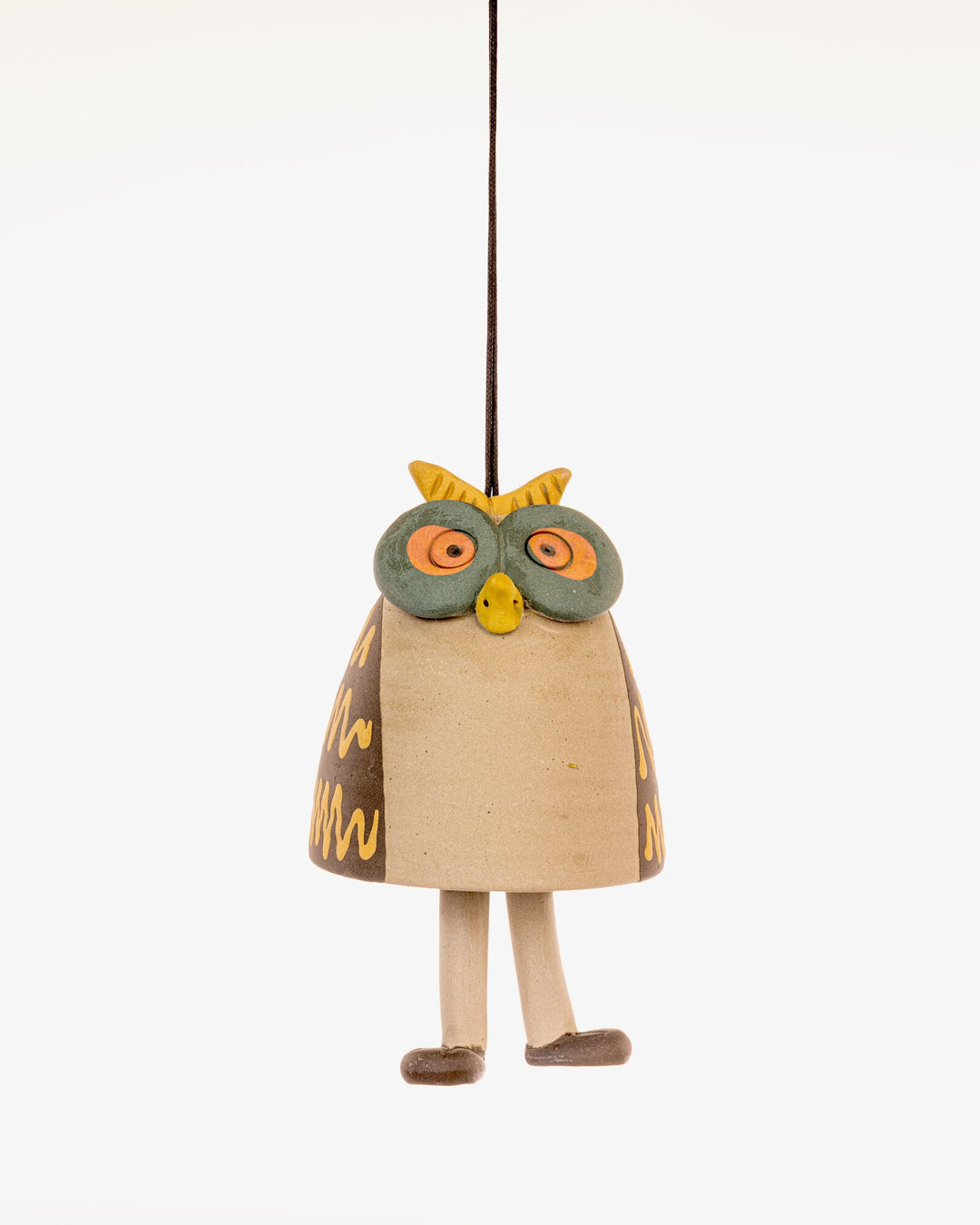 Owl Nerikomi Ceramic Bell Hanging - Ochre Zigzag - view 4 of 4