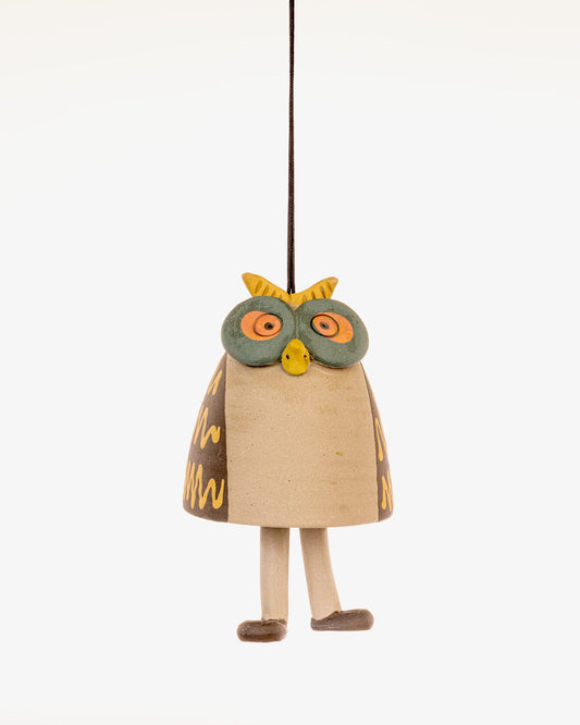 Owl Nerikomi Ceramic Bell Hanging - Ochre Zigzag - view 4 of 4