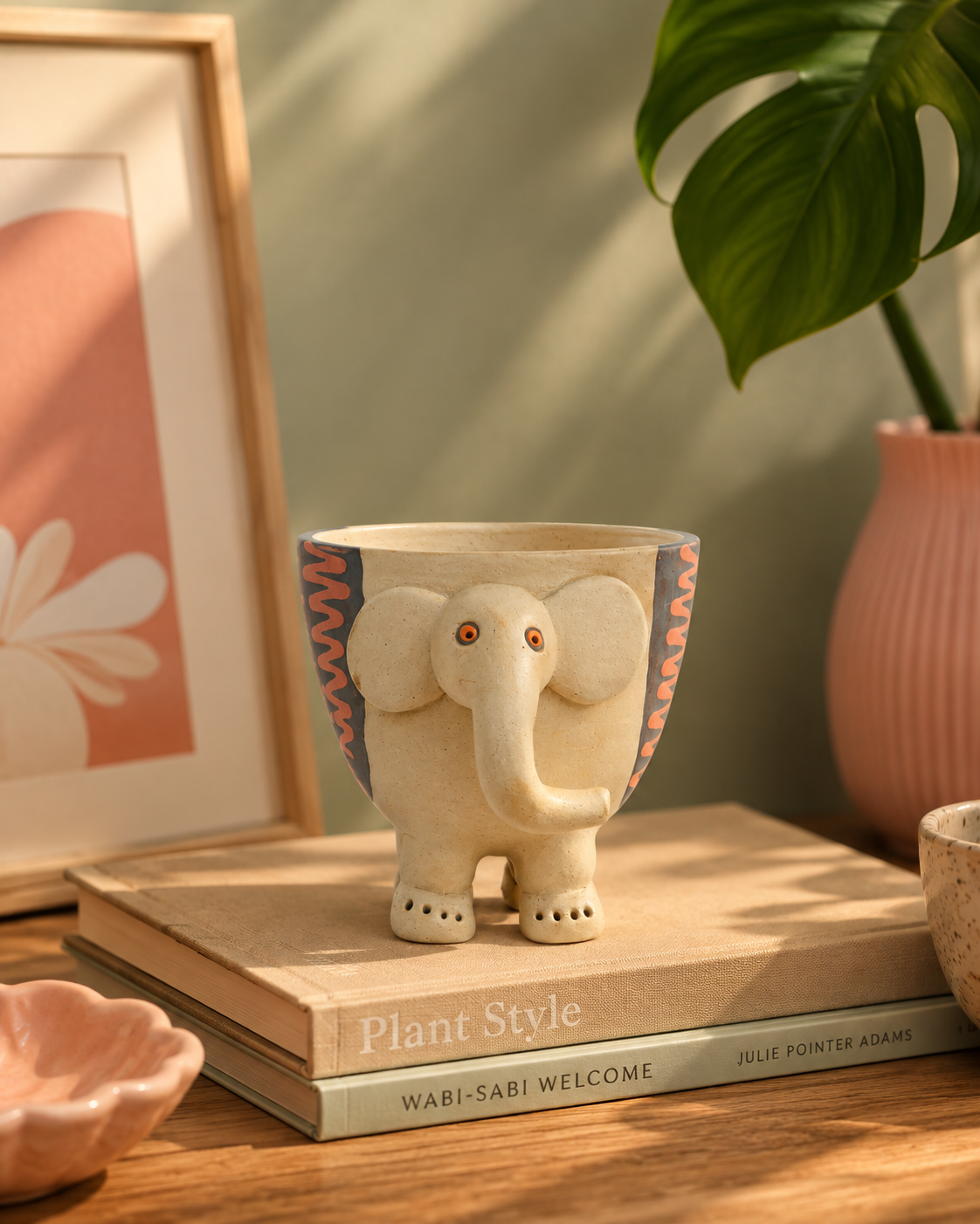 Hathi Elephant Nerikomi Ceramic Planter - Coral Zigzag by Modus & Mood