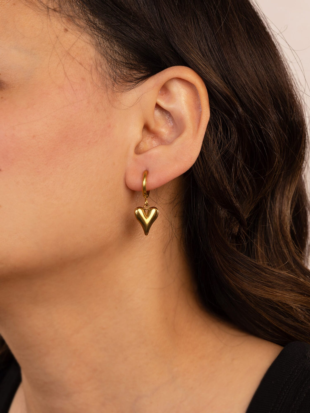 Puffed Heart Drop Anti-Tarnish Hoop Earrings - view 3 of 3
