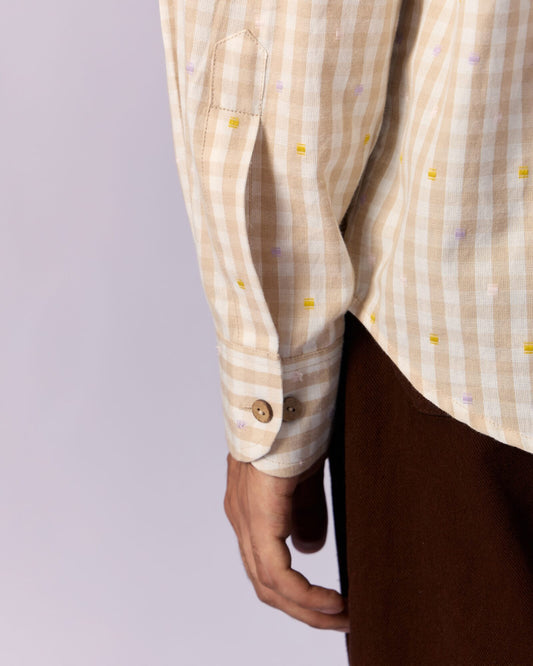 Men's Mandarin Collar Checked Cotton Shirt - Sand by Modus & Mood