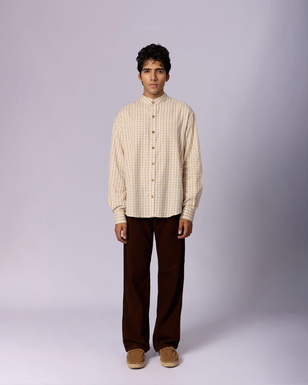Men's Mandarin Collar Checked Cotton Shirt - Sand - view 2 of 6