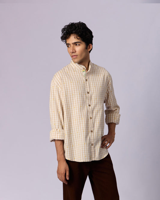 Men's Mandarin Collar Checked Cotton Shirt - Sand - view 3 of 6