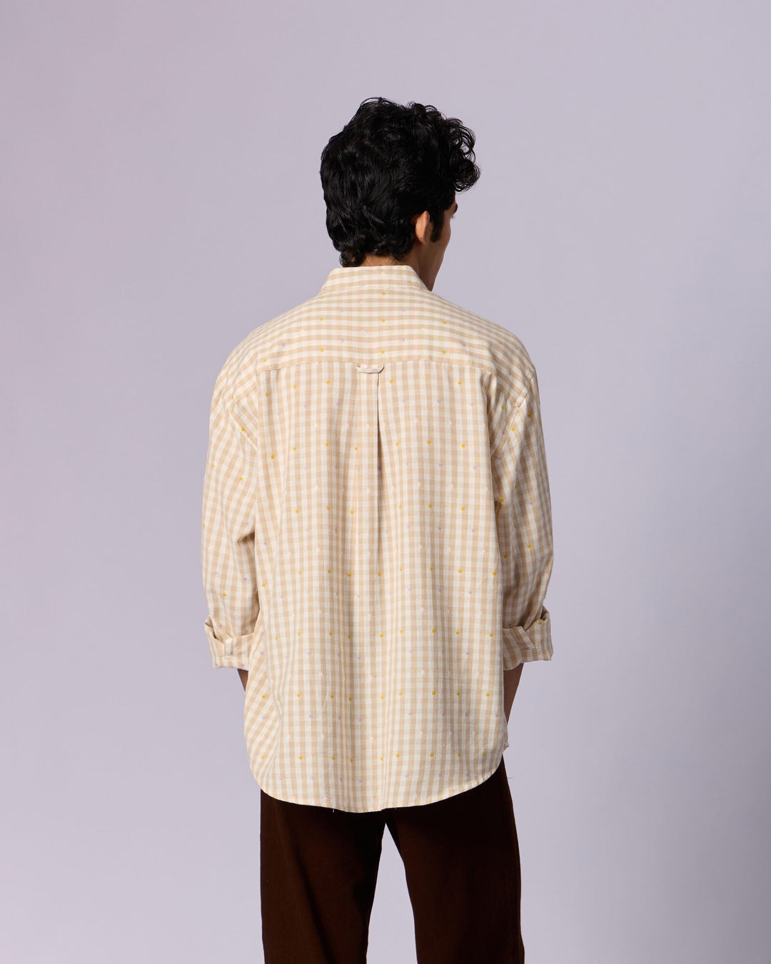 Men's Mandarin Collar Checked Cotton Shirt - Sand - view 4 of 6