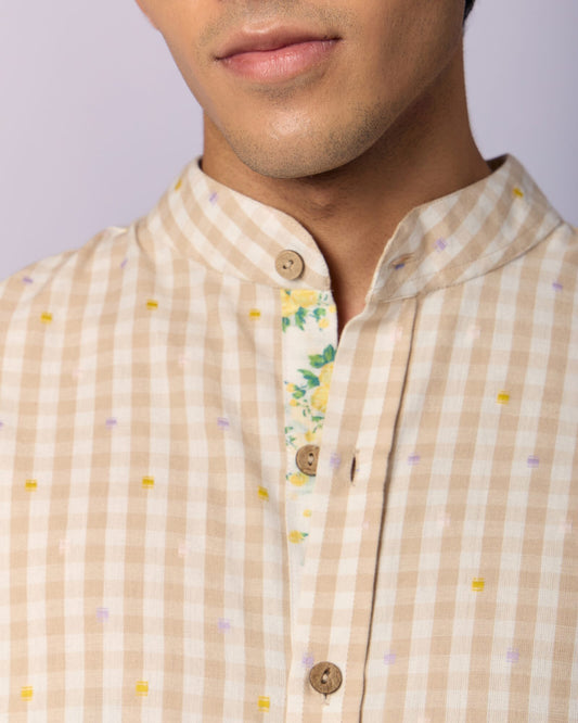 Men's Mandarin Collar Checked Cotton Shirt - Sand - view 5 of 6