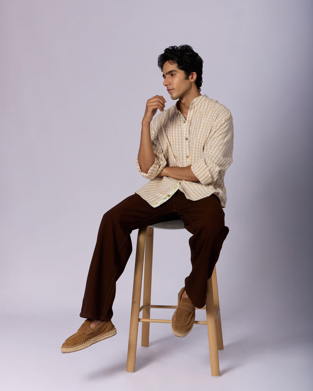 Men's Mandarin Collar Checked Cotton Shirt - Sand - view 6 of 6