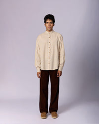 Men's Mandarin Collar Checked Cotton Shirt - Sand - view 3 of 7
