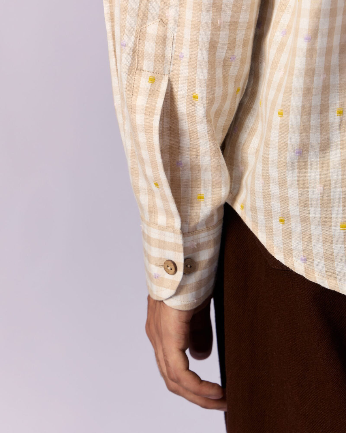 Men's Mandarin Collar Checked Cotton Shirt - Sand - view 4 of 7