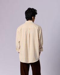 Men's Mandarin Collar Checked Cotton Shirt - Sand - view 6 of 7