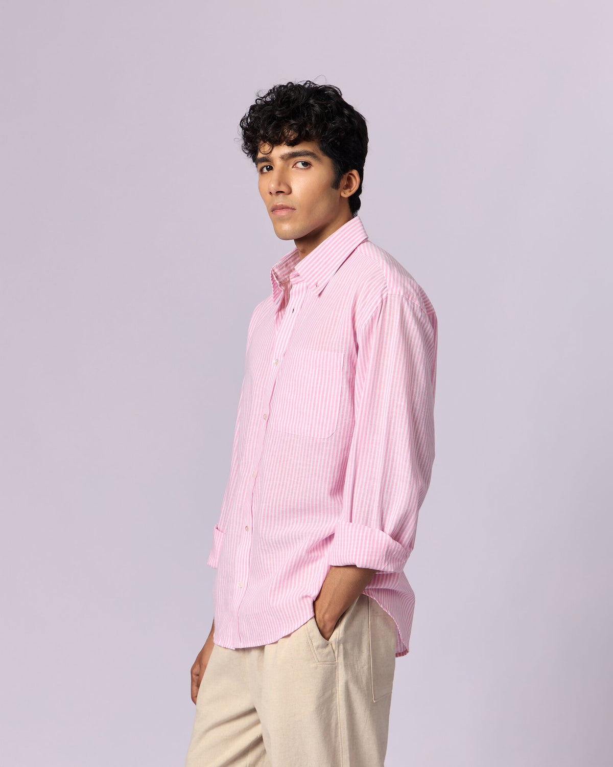 Men's Striped Relaxed Cotton Shirt - Pink - view 3 of 6