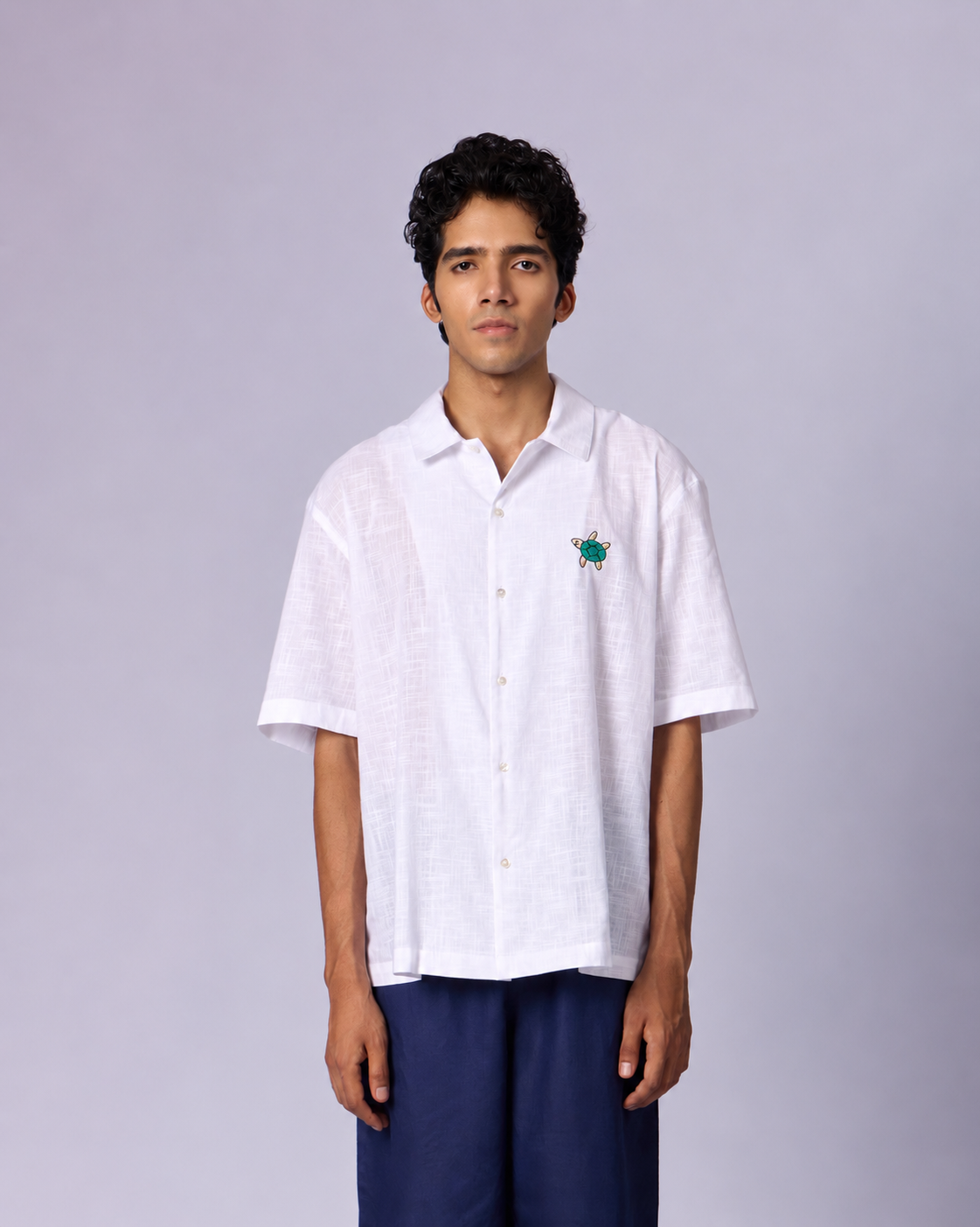 Men's Textured Camp Collar Cotton Shirt - White - view 5 of 5