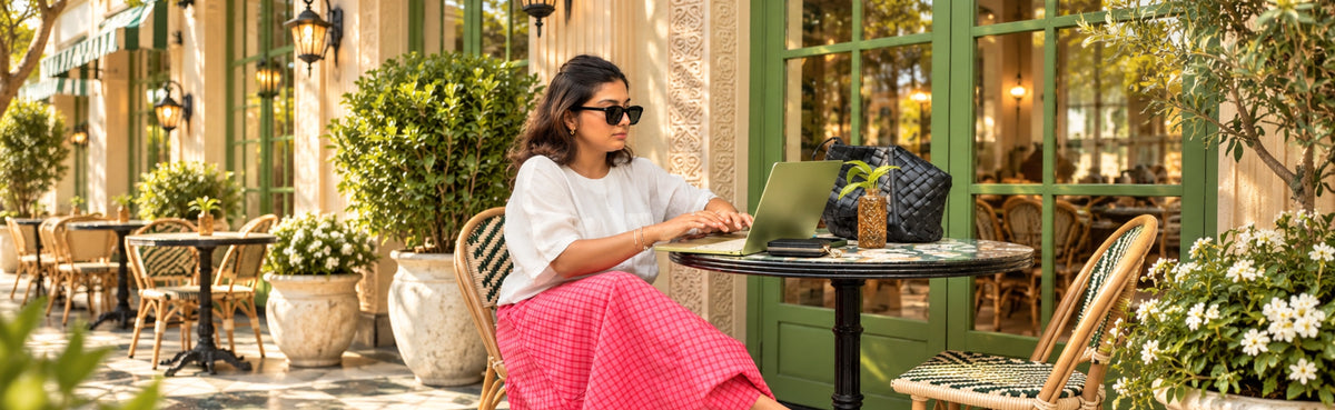 Ritual: a woman in a white top and a pink checked skirt works on a laptop at a cafe table
