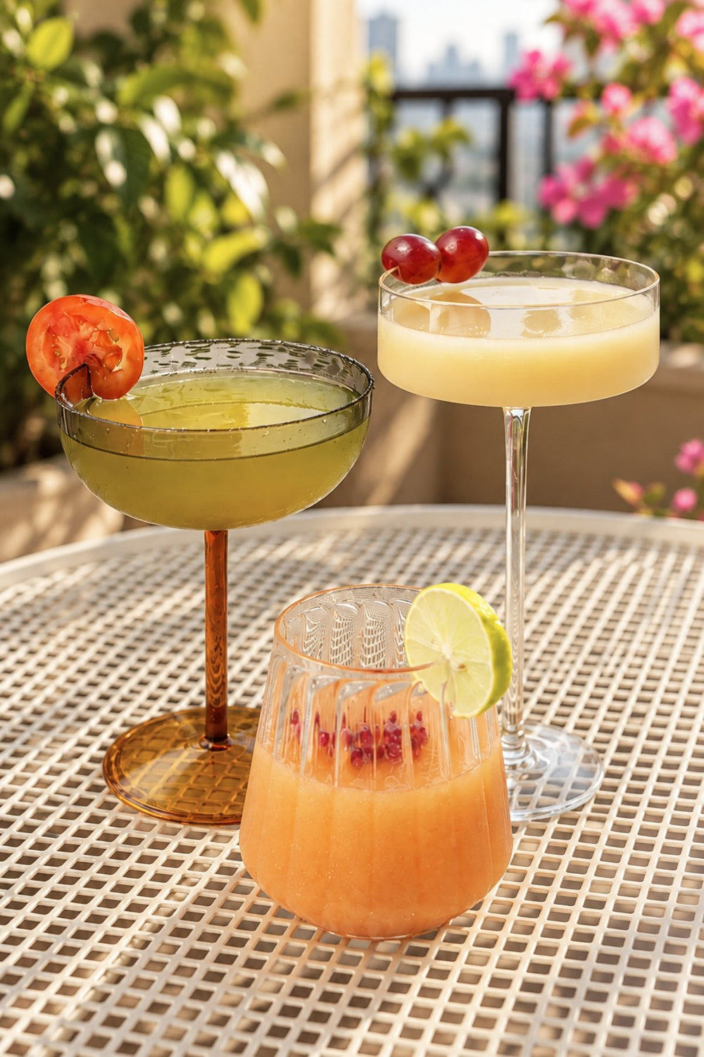 Glassware: cocktails in a coupe, a stemmed glass and a ribbed tumbler on a woven table