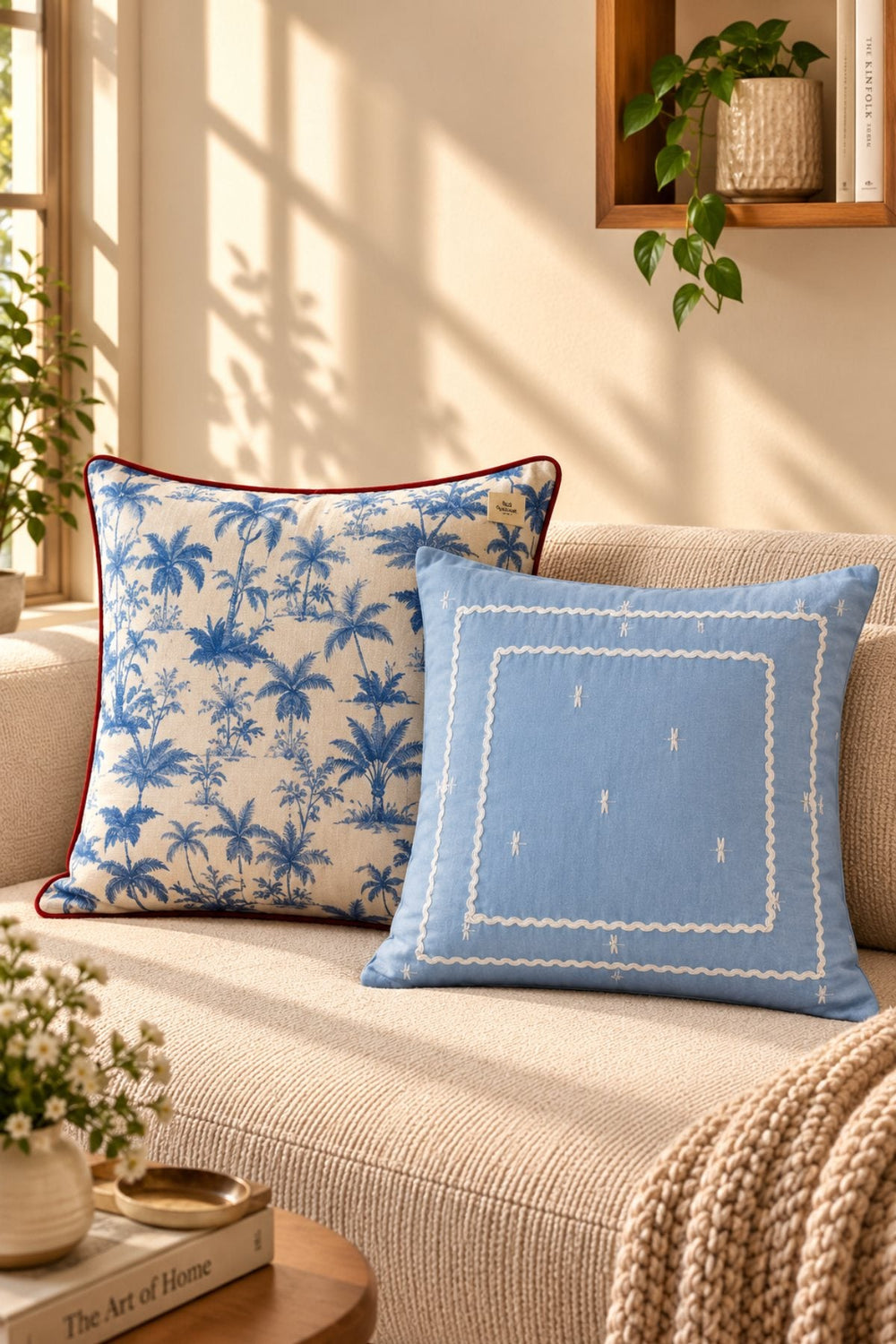 Home Furnishing: blue printed and embroidered cushion covers on a cream sofa