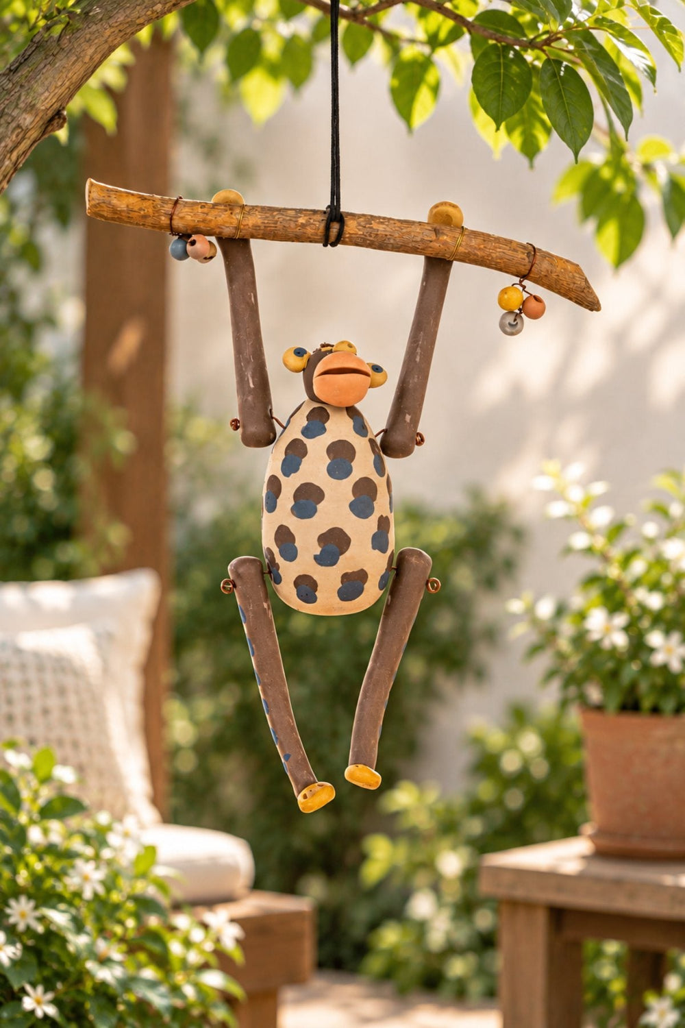 Nerikomi: a spotted clay monkey hanging from a wooden branch in a sunny garden