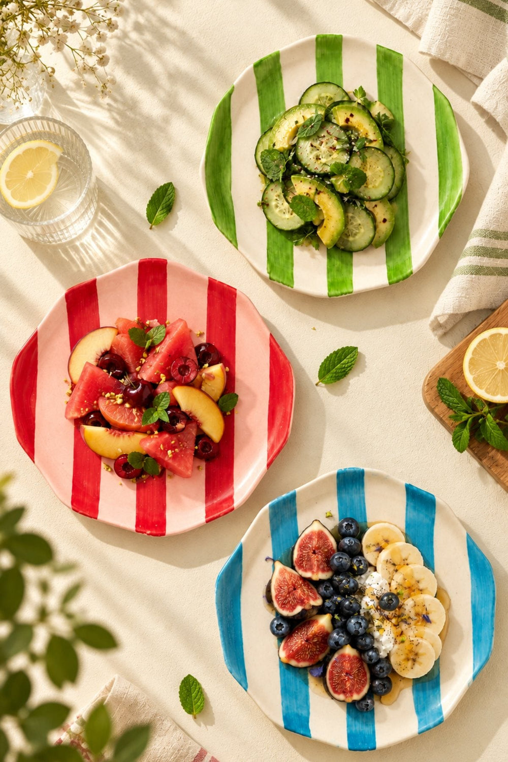 Serveware: striped plates of fruit and cucumber salad on a sunlit table
