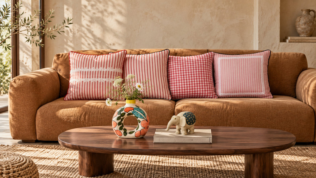 Living room with a tan sofa, pink striped and checked cushion covers, a painted ceramic vase and a nerikomi elephant on a wooden table