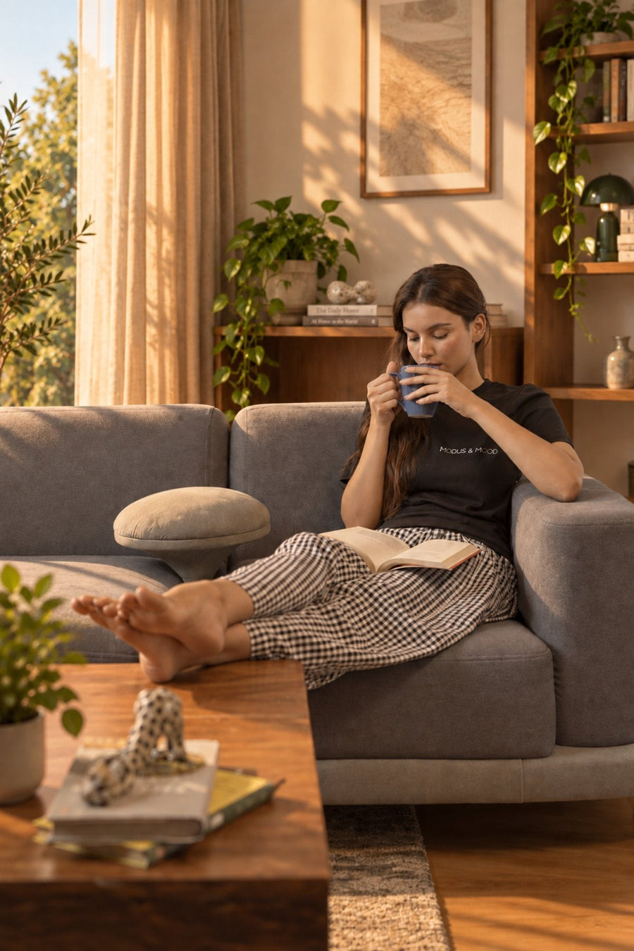 Sanctuary mood: a woman sips from a mug with her feet up on a grey sofa
