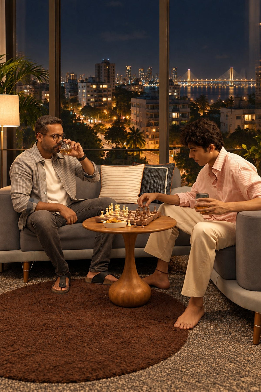 Social mood: two men play chess over drinks by a window with the city lit up at night