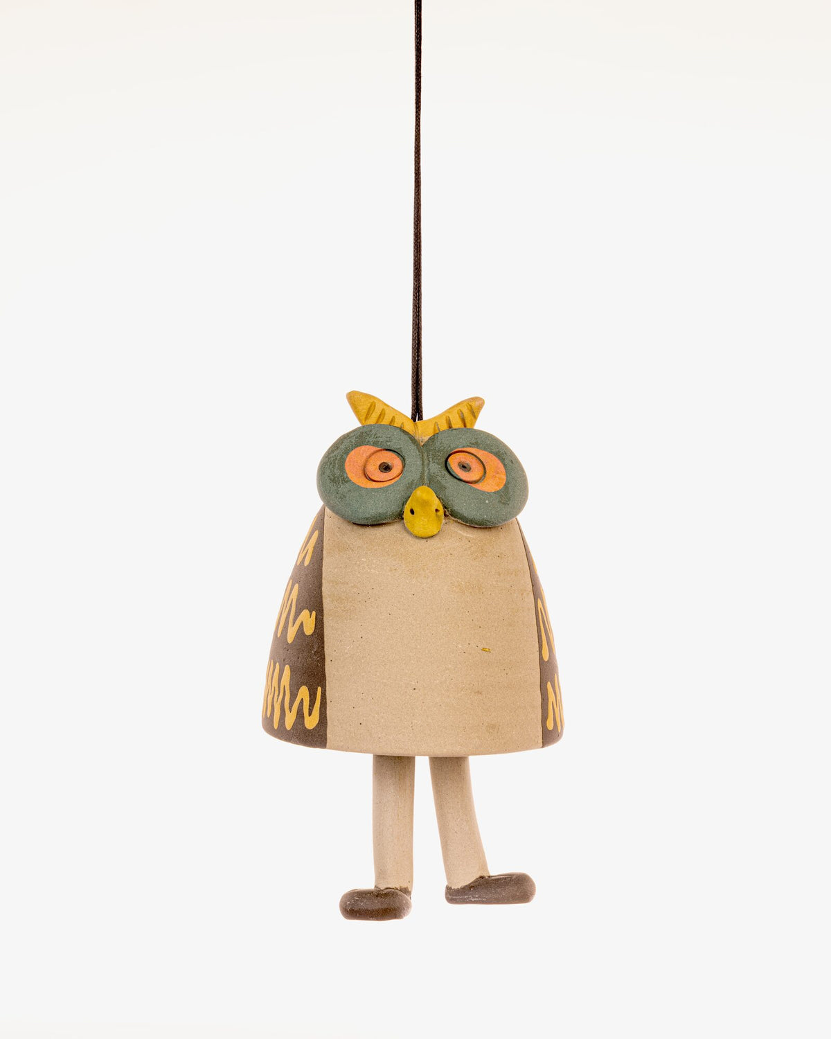 Owl Nerikomi Ceramic Bell Hanging - Ochre Zigzag - view 4 of 4
