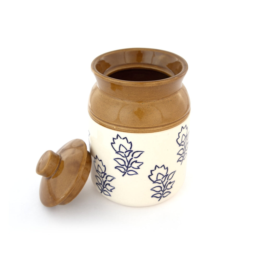 Blue Floral Ceramic Storage Jar - Cream and Brown - view 6 of 7