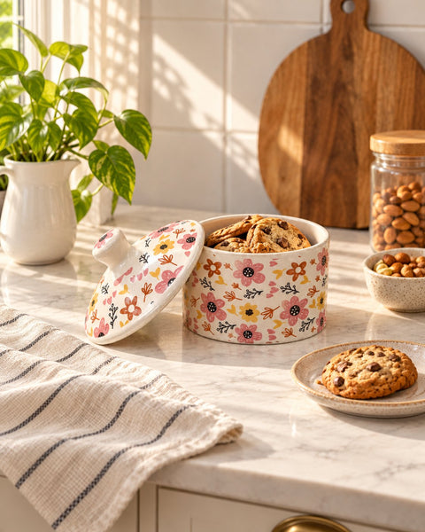 Pink and Yellow Floral Ceramic Storage Jar - Cream