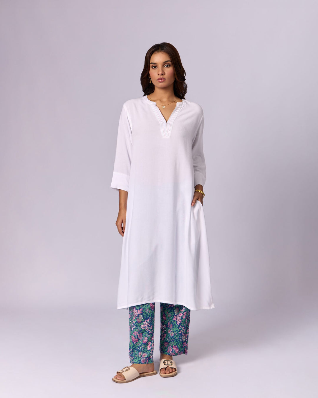 Women's Pintuck Cotton Kurta Set - White by Modus & Mood