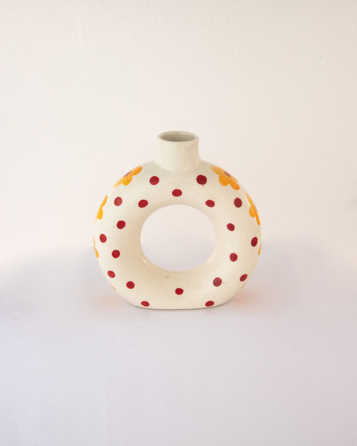 Polka Dot Hand-Painted Ceramic Donut Vase - Red & Ochre - view 2 of 3