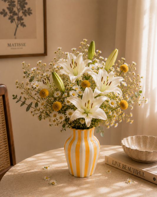 Leher Striped Hand-Painted Ceramic Vase - Marigold Yellow