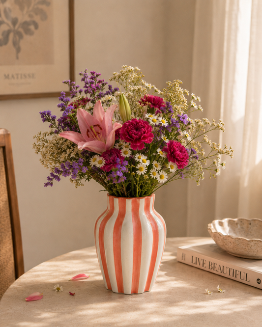 Leher Striped Hand-Painted Ceramic Vase - Coral