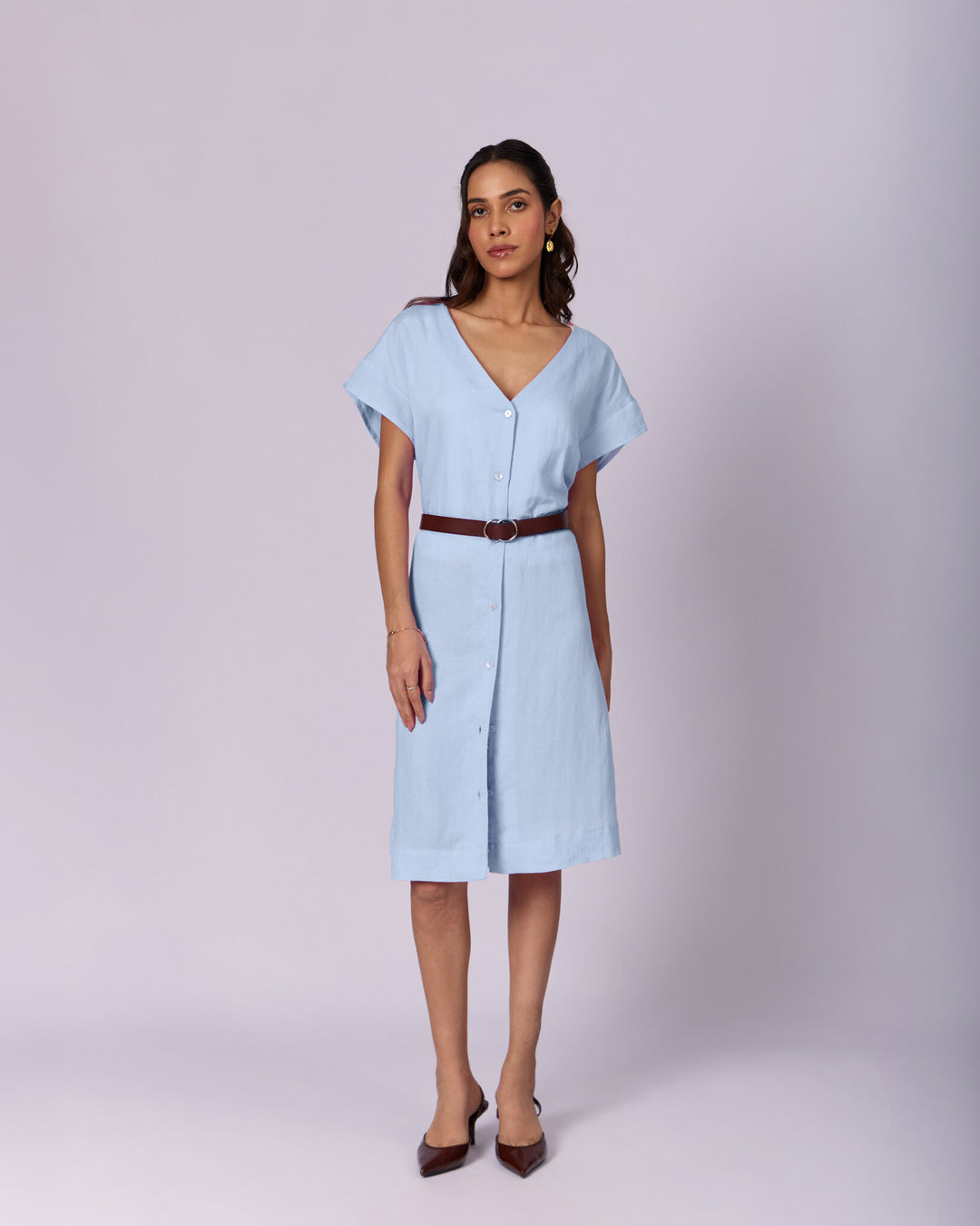 Women's Belted Cotton Shift Dress - Powder Blue by Modus & Mood