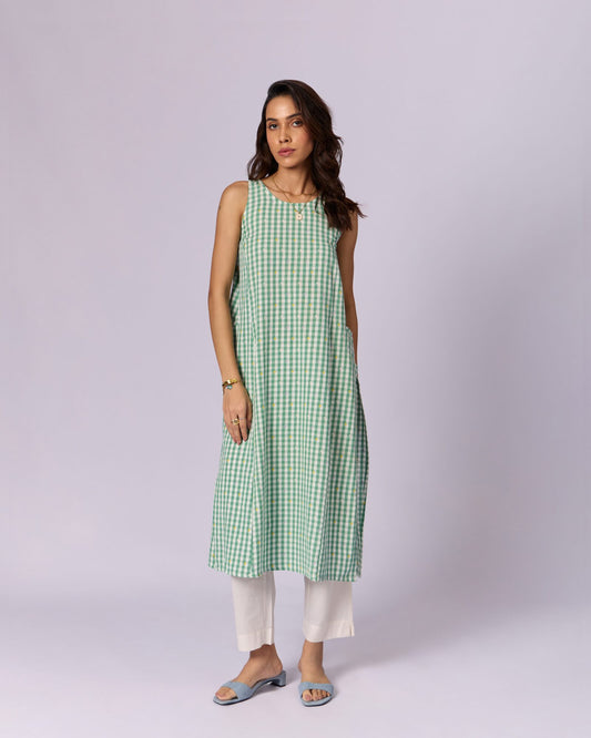 Women's Checked Cotton Racerback Kurta - Green by Modus & Mood