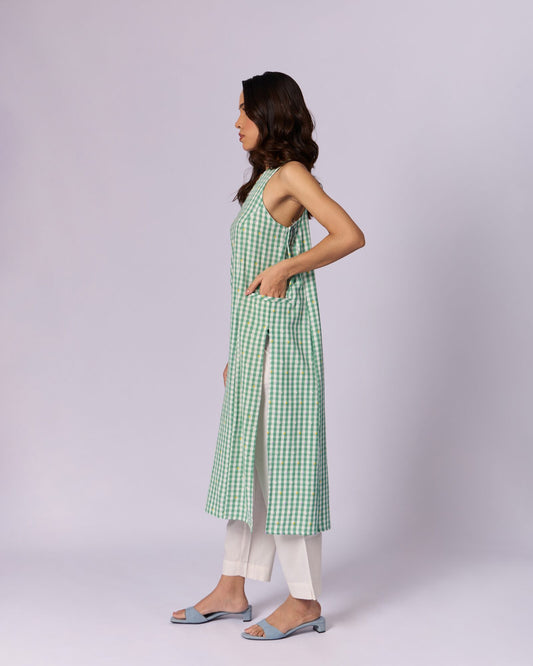 Women's Checked Cotton Racerback Kurta - Green - view 2 of 5