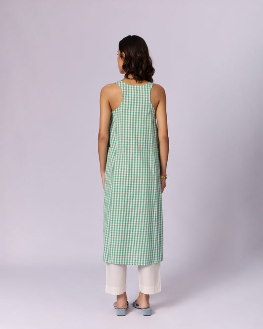 Women's Checked Cotton Racerback Kurta - Green - view 3 of 5