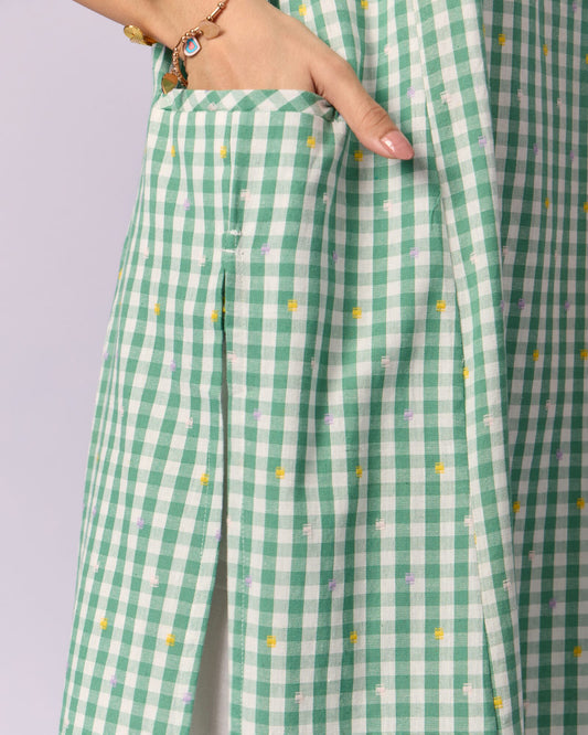 Women's Checked Cotton Racerback Kurta - Green - view 4 of 5