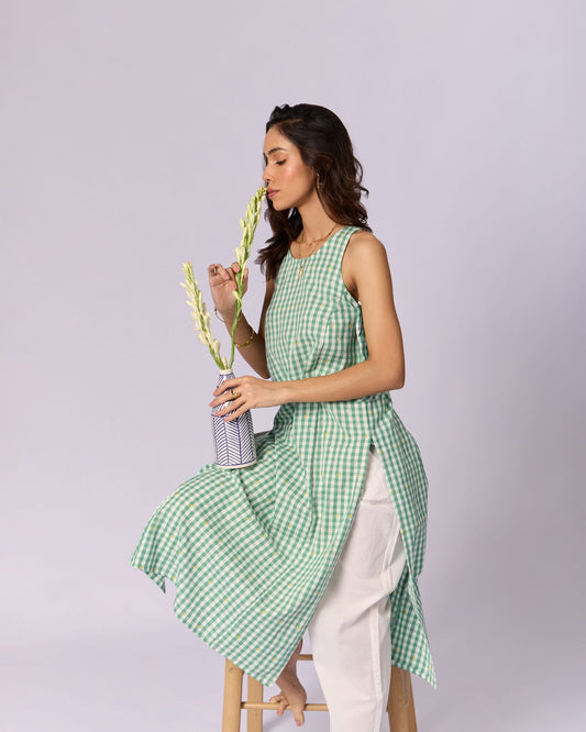 Women's Checked Cotton Racerback Kurta - Green - view 5 of 5