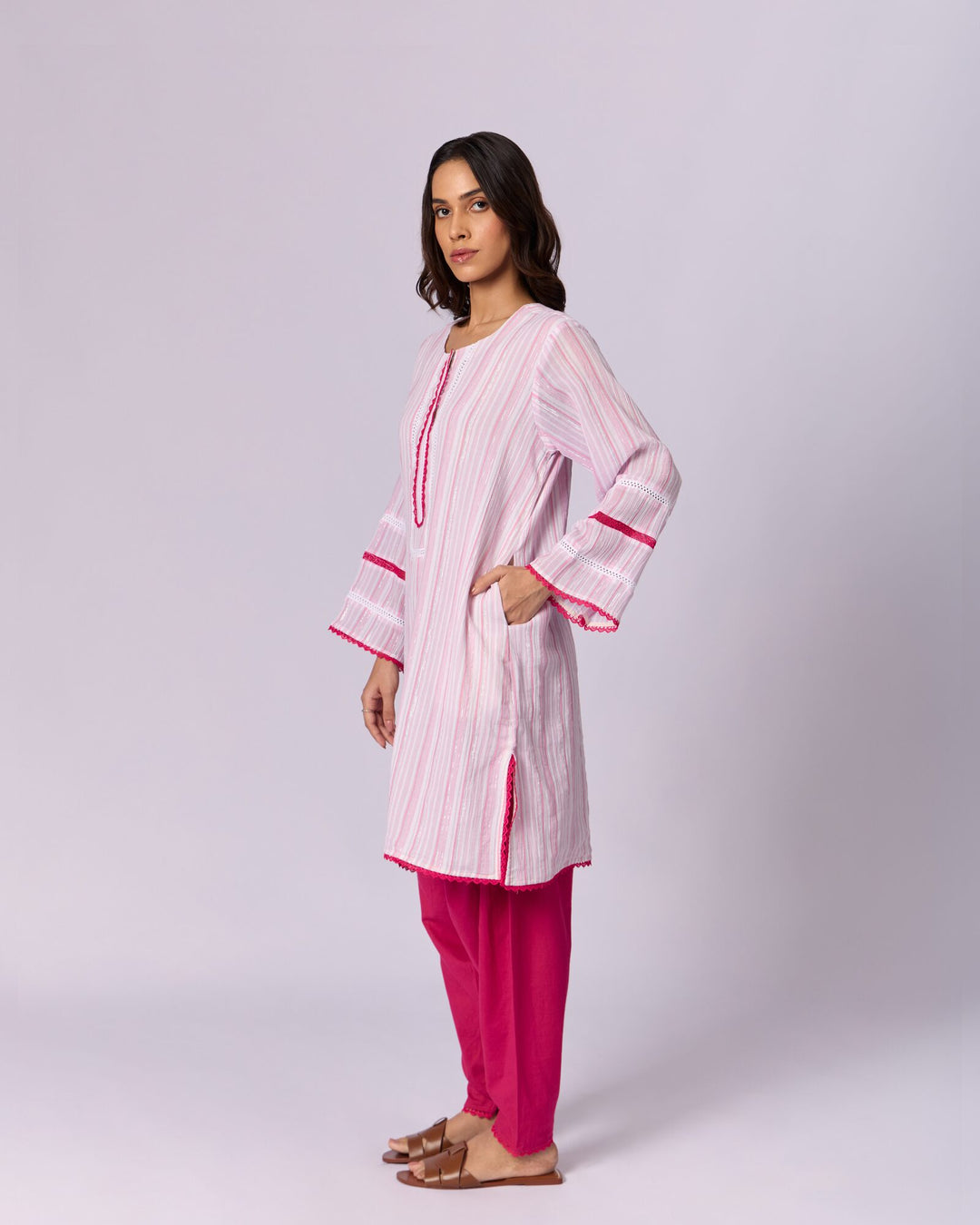 Women's Striped Cotton Kurta Set - Pink - view 2 of 6