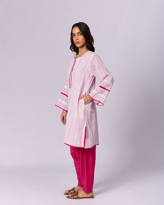 Women's Striped Cotton Kurta Set - Pink - view 2 of 6