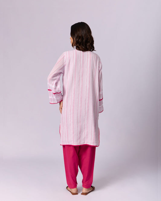 Women's Striped Cotton Kurta Set - Pink - view 3 of 6
