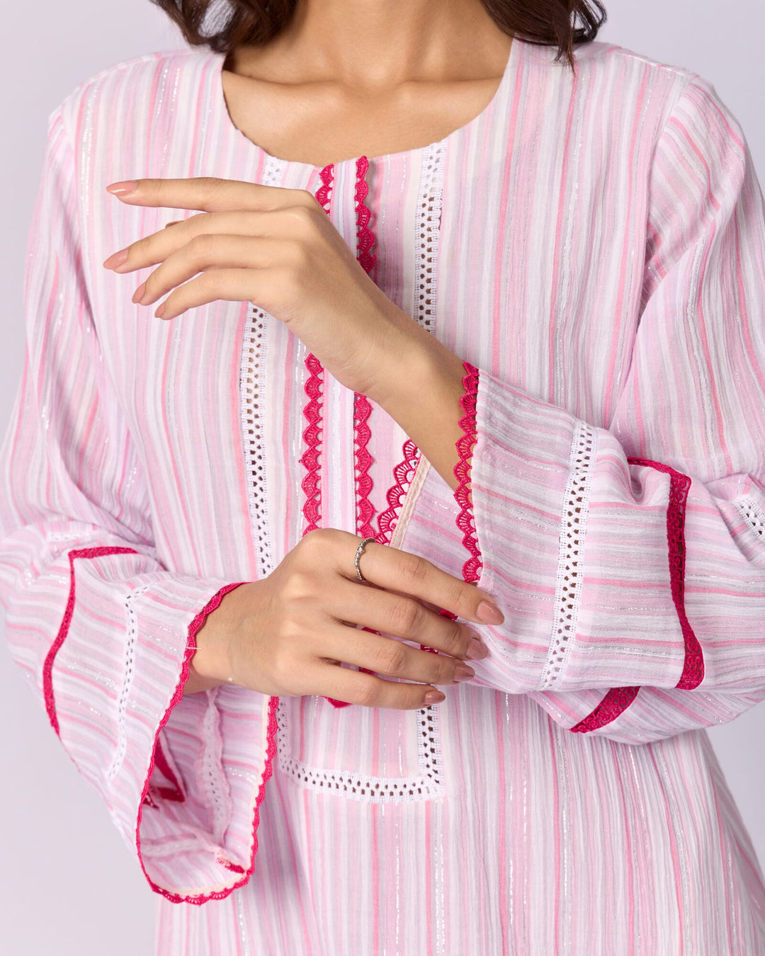 Women's Striped Cotton Kurta Set - Pink - view 4 of 6