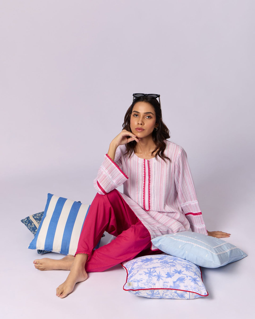 Women's Striped Cotton Kurta Set - Pink - view 5 of 6
