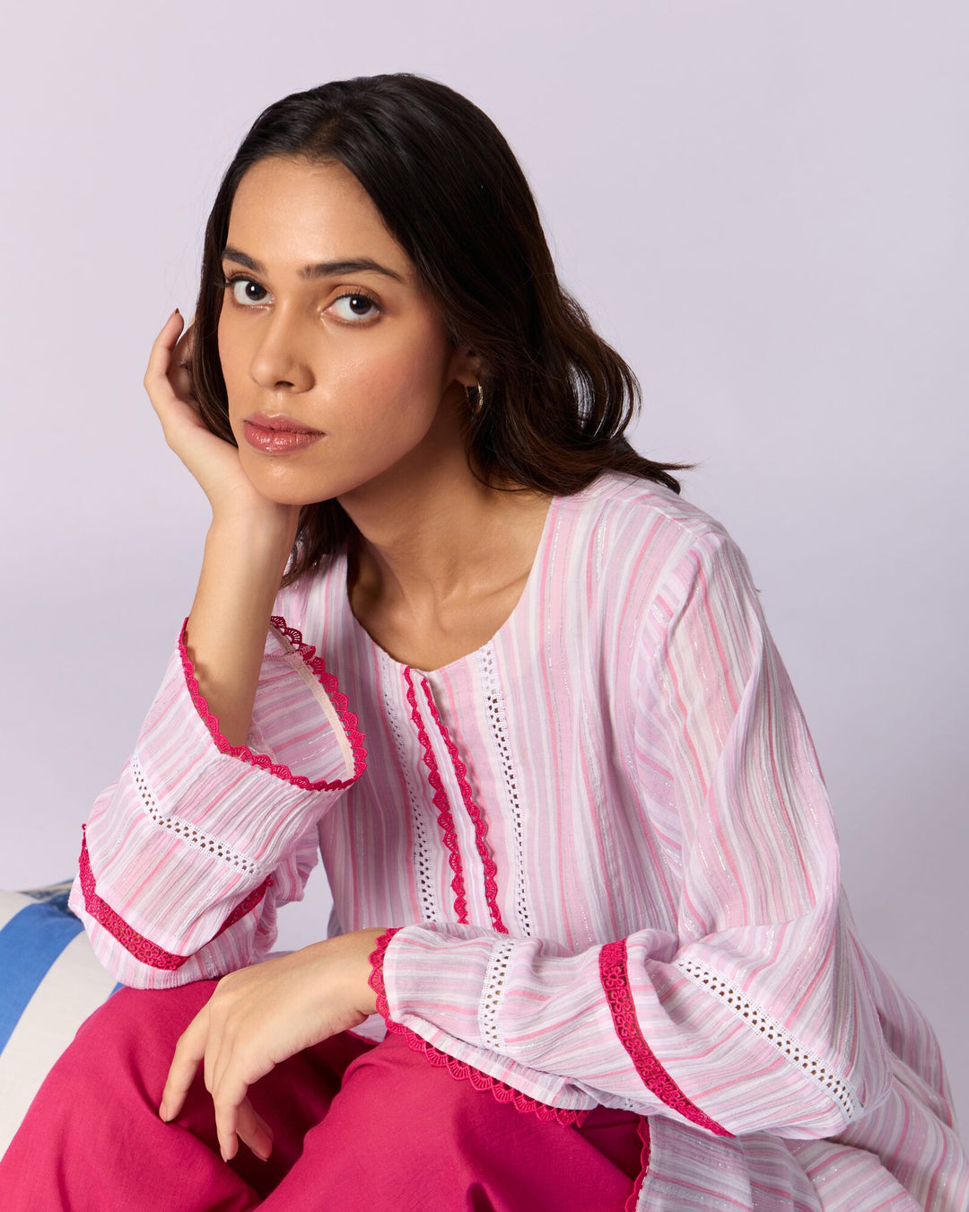 Women's Striped Cotton Kurta Set - Pink - view 6 of 6