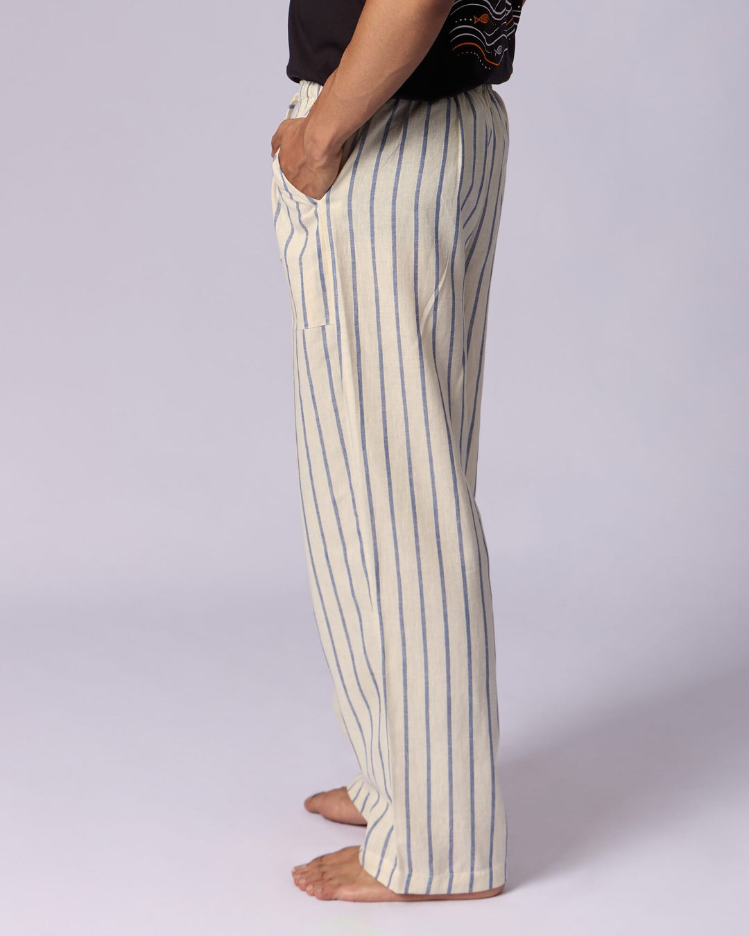 Men's Striped Cotton Lounge Trousers - Cream - view 2 of 4
