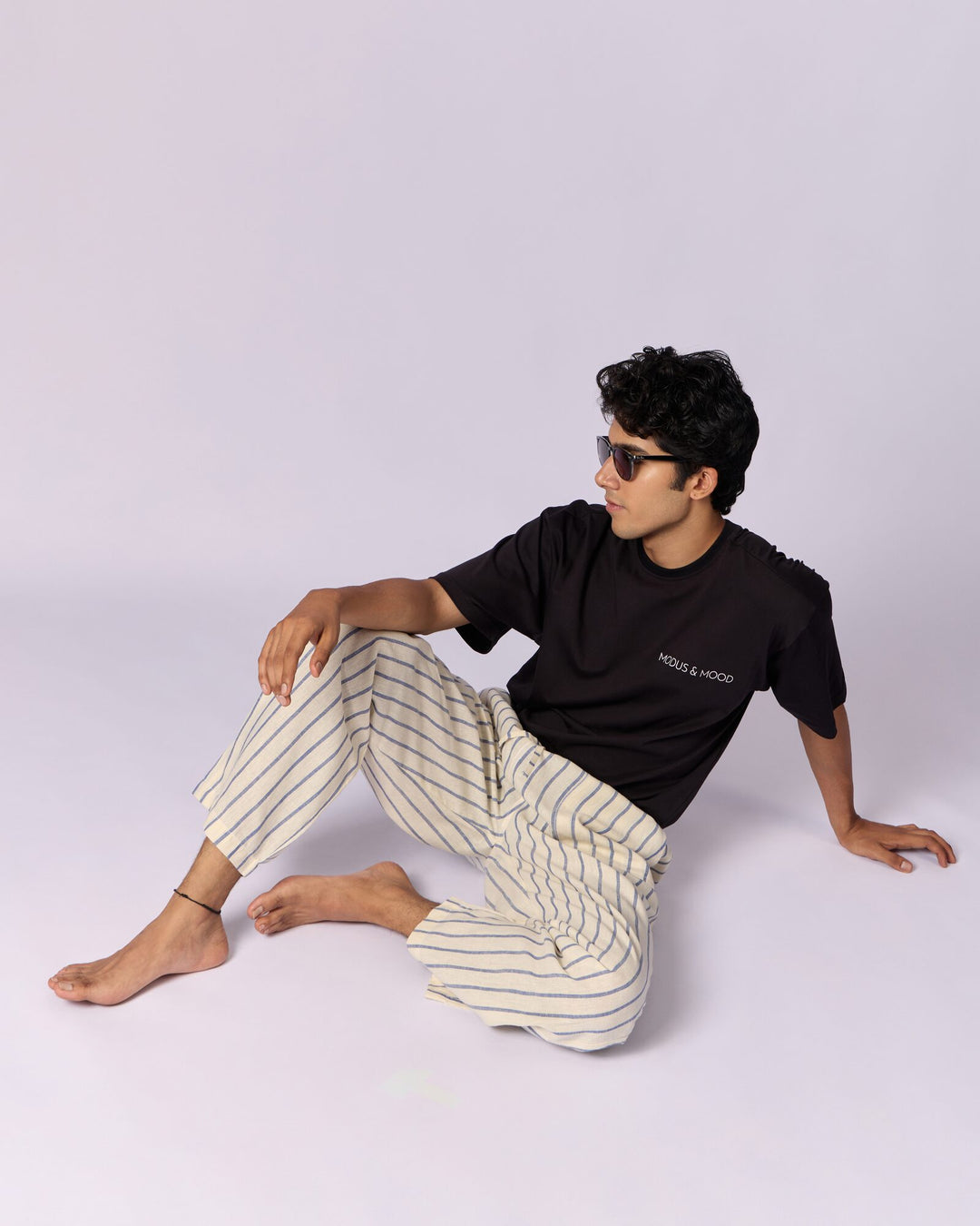Men's Striped Cotton Lounge Trousers - Cream - view 4 of 4