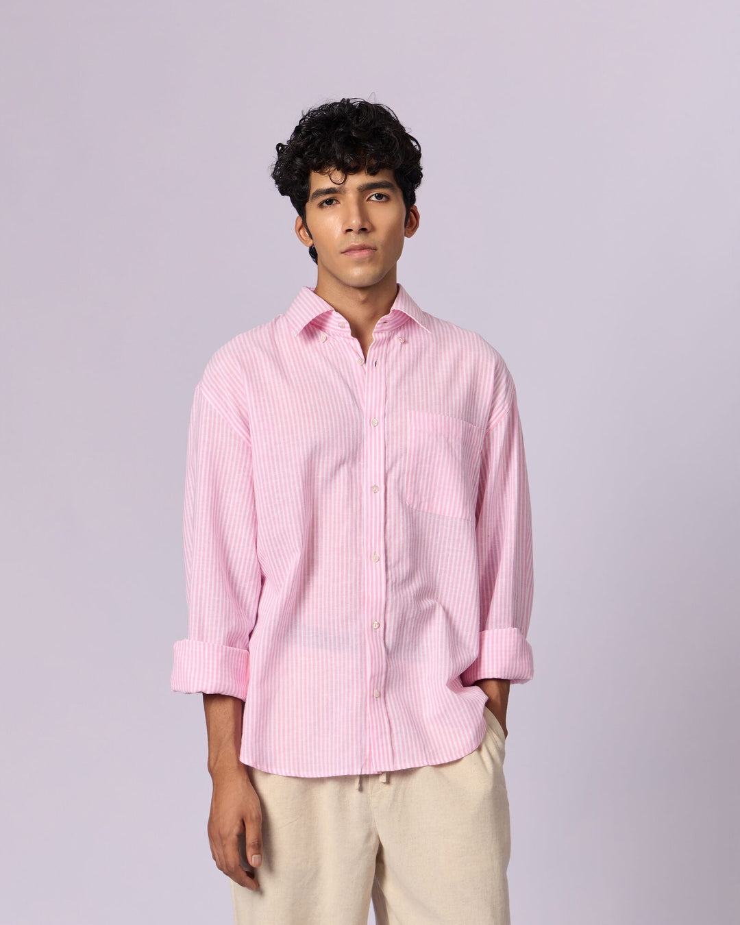 Men's Striped Relaxed Cotton Shirt - Pink - view 2 of 5