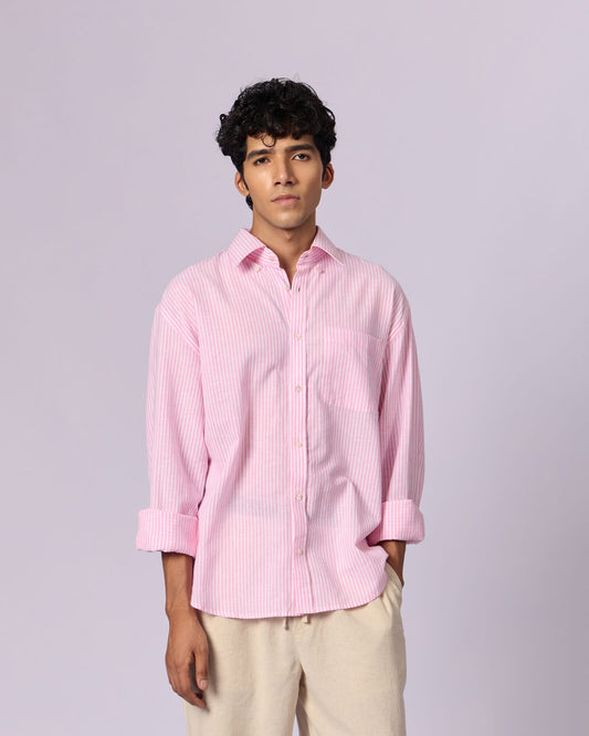 Men's Striped Relaxed Cotton Shirt - Pink - view 2 of 5