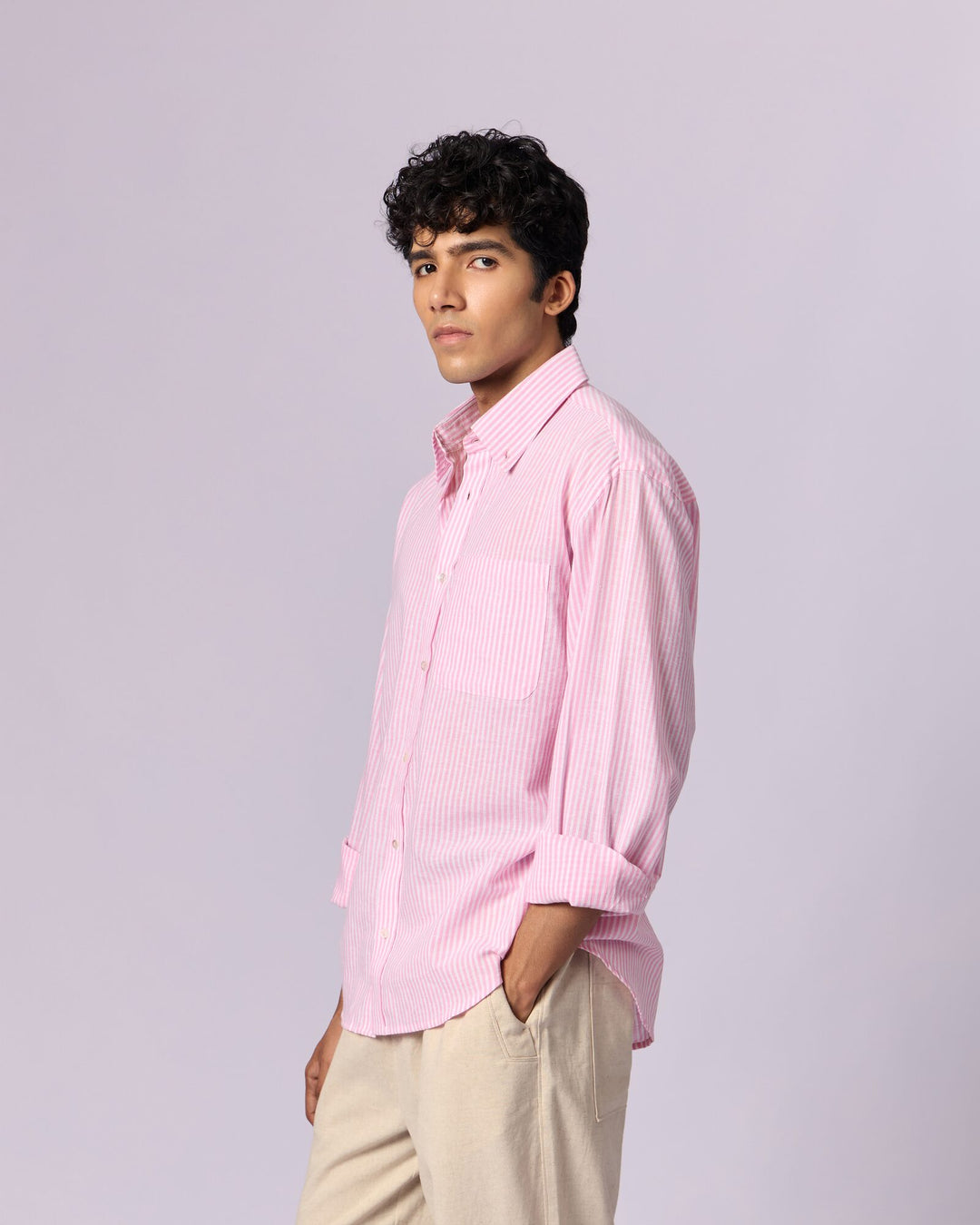 Men's Striped Relaxed Cotton Shirt - Pink - view 3 of 5