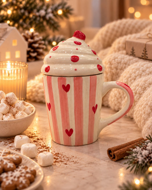 Sweetheart Pink Striped Ceramic Mug with Lid by Modus & Mood
