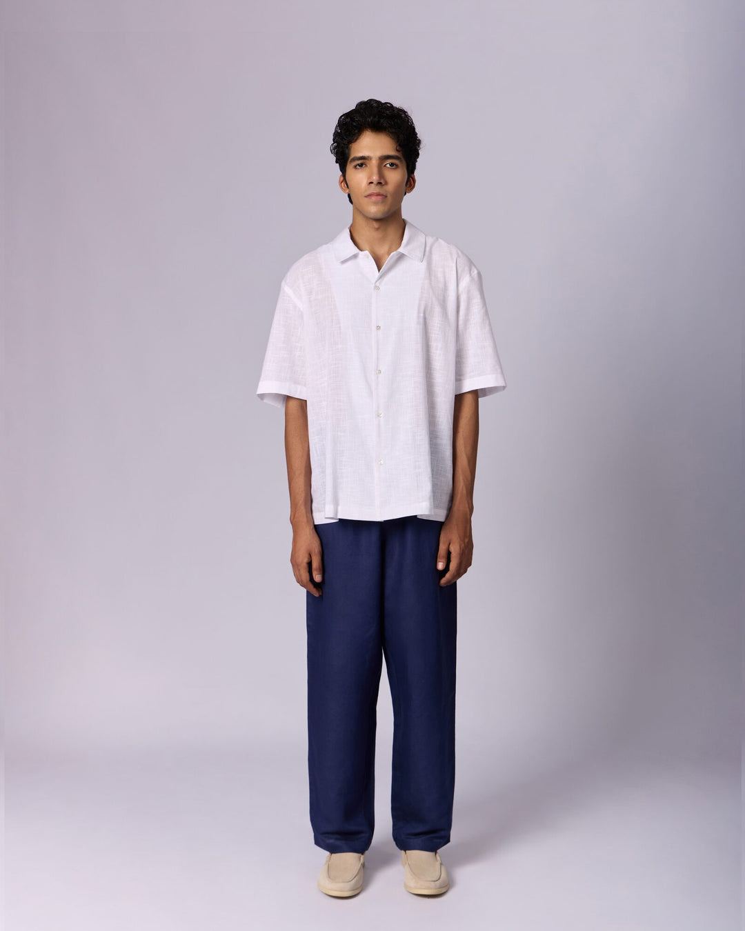 Men's Textured Camp Collar Cotton Shirt - White by Modus & Mood