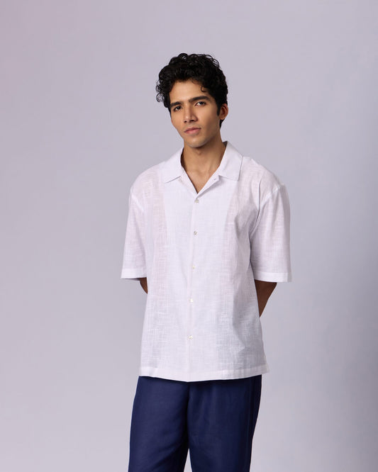 Men's Textured Camp Collar Cotton Shirt - White - view 2 of 4